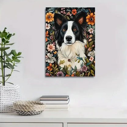 Charming Border Collie Dog with Vibrant Floral Design 40x60cm Metal Print Ready to Hang