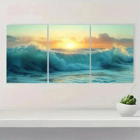 3pcs Green Nautical Beach Ocean Wave EU Wall Art Set Canvas Unframed - High Quality Print 100% Australian Made Wall Canvas - Bella Home Decor
