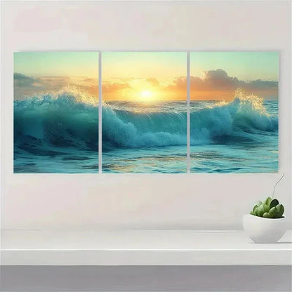 3pcs Green Nautical Beach Ocean Wave EU Wall Art Set Canvas Unframed - High Quality Print 100% Australian Made Wall Canvas - Bella Home Decor