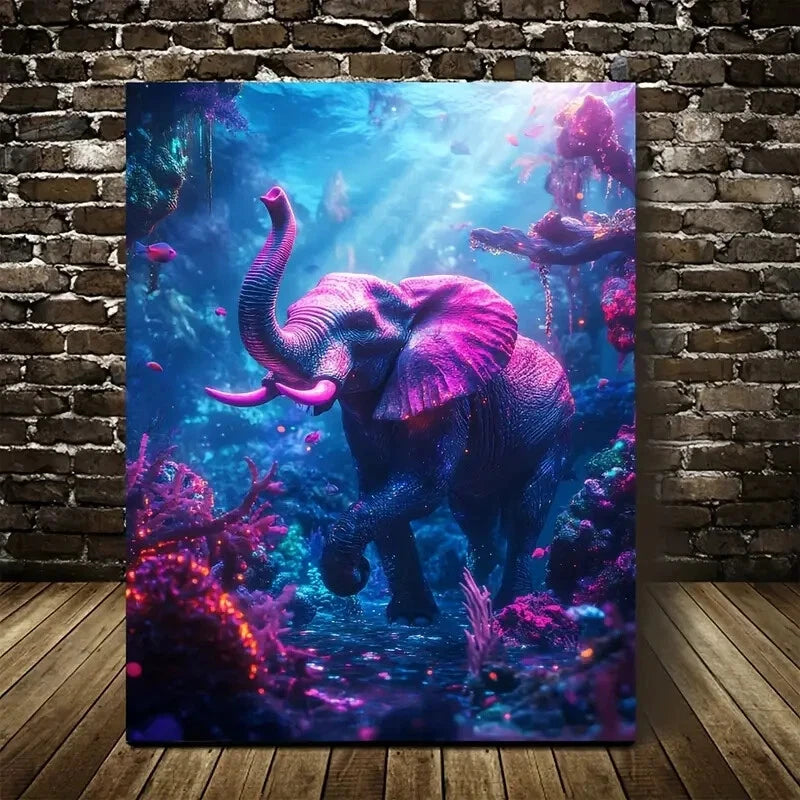 Cyberpunk Elephant in Coral Reef Neon Glow Painting  40x60cm Metal Print Ready to Hang