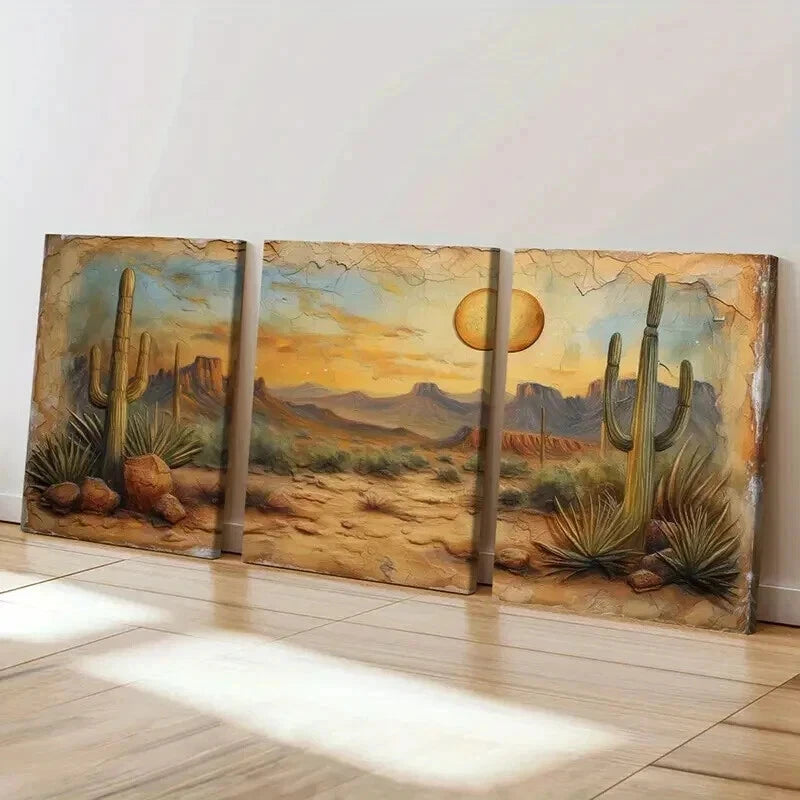 3pcs Desert Landscape Cactus Mountains Sunset Wall Art Set Canvas Framed 40x60cm - High Quality Print 100% Australian Made Wall Canvas Ready to Hang
