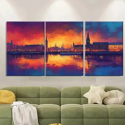 3pcs Hamburg Skyline Décor Reflections Perfect Wall Art Set Canvas Framed 40x60cm - High Quality Print 100% Australian Made Wall Canvas Ready to Hang