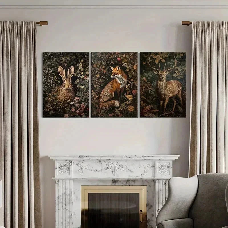 3pcs Rabbit Fox & Sika Deer Paintings Wall Art Set Canvas Framed 40x60cm - High Quality Print 100% Australian Made Wall Canvas Ready to Hang