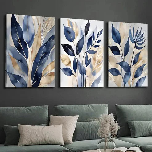 3pcs Blue Botanical Blue Leaf Prints Wall Art Canvas Unframed - High Quality Print 100% Australian Made Wall Canvas