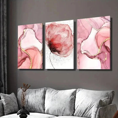 3pcs Abstract Gold Lined Pink Flowers & Design Wall Art Set Canvas Framed 40x60cm - High Quality Print 100% Australian Made Wall Canvas Ready to Hang