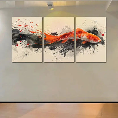3pcs Koi Fish in Black & Orange Ink Splashes Wall Art Set Canvas Framed 40x60cm - High Quality Print 100% Australian Made Wall Canvas Ready to Hang