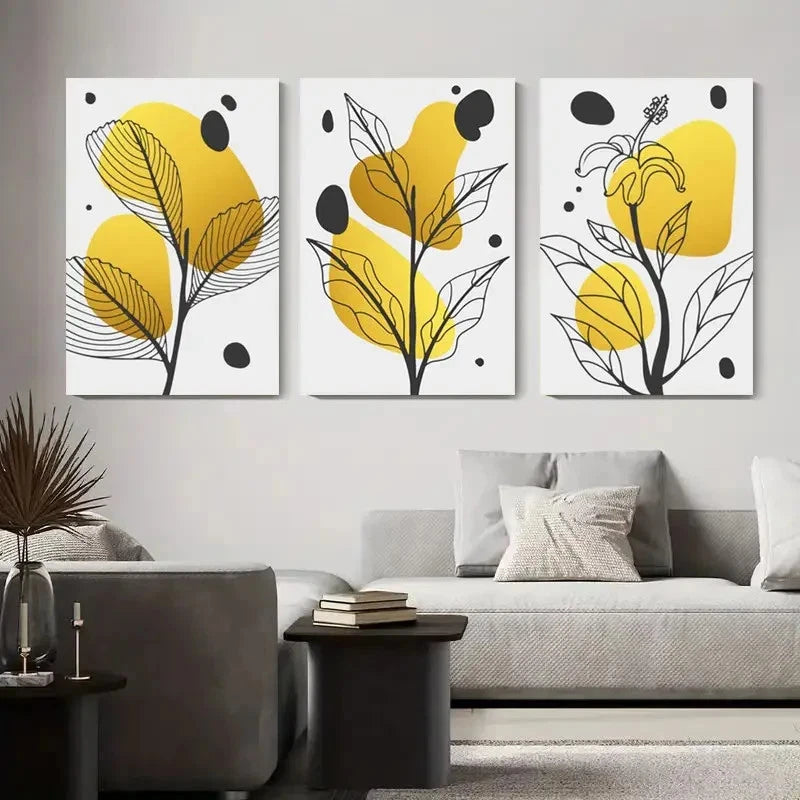 3pcs Plant Design with Yellow Shapes and Leaves Metal Print Ready to Hang Art
