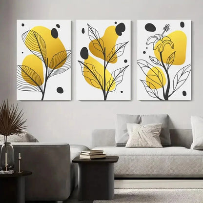 3pcs Plant Design with Yellow Shapes and Leaves Metal Print Ready to Hang Art