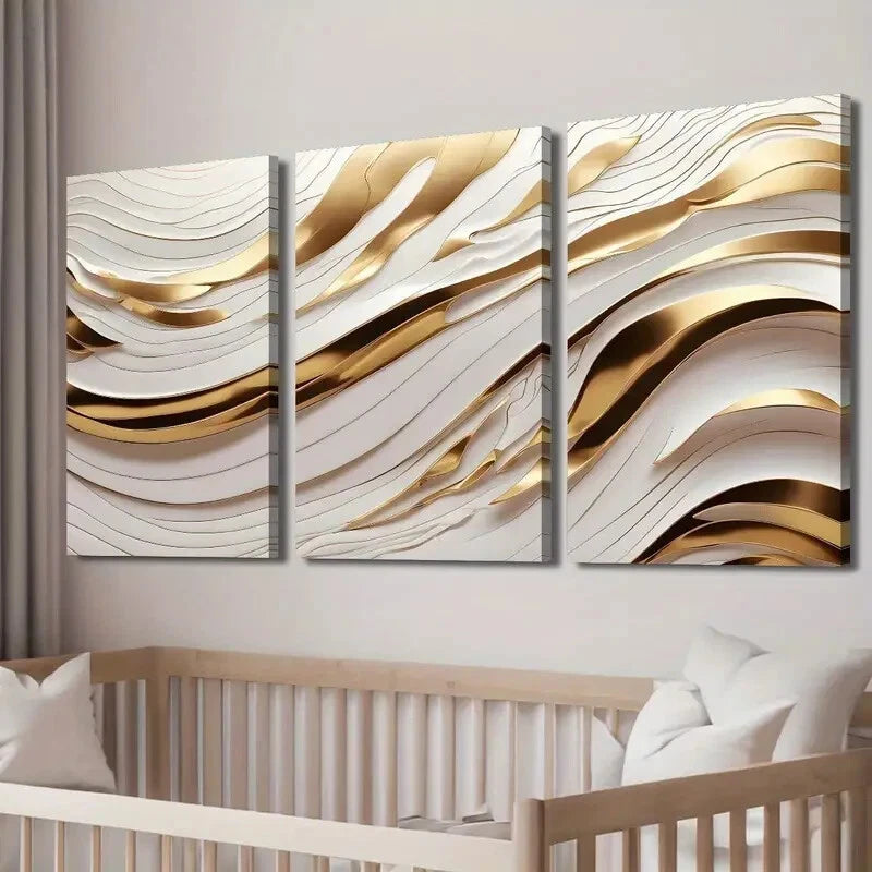 3pcs White Golden Wave Lines Creative Perfect Wall Art Set Canvas Framed 40x60cm - High Quality Print 100% Australian Made Wall Canvas Ready to Hang