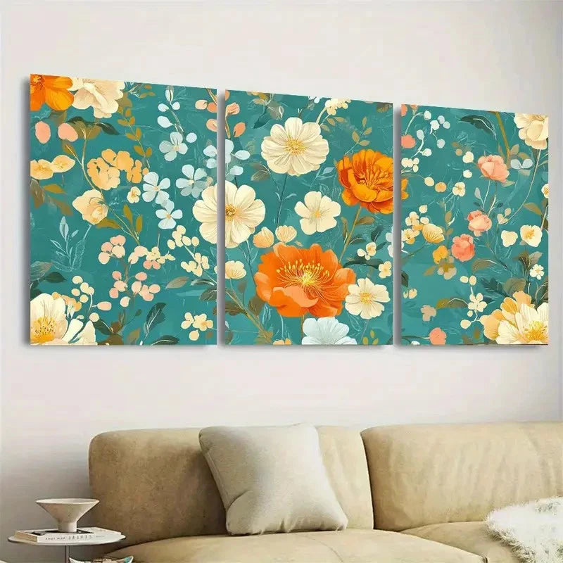 3pcs Aqua Teal Background with Orange Wall Art Set Canvas Framed 60x90cm - High Quality Print 100% Australian Made Wall Canvas Ready to Hang