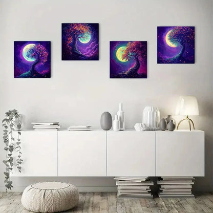 4pcs Dazzling leaves waves and the moonWall Art Canvas Framed