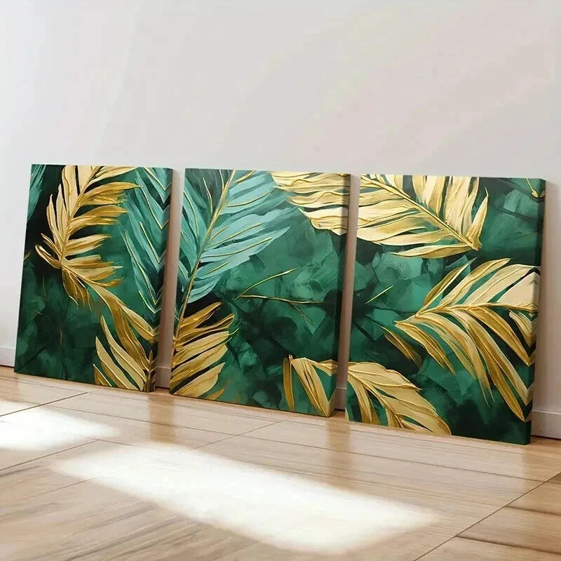 3pcs Green And Gold Art Tropical Palm Leaves Wall Art Set Canvas Framed 40x60cm - High Quality Print 100% Australian Made Wall Canvas Ready to Hang