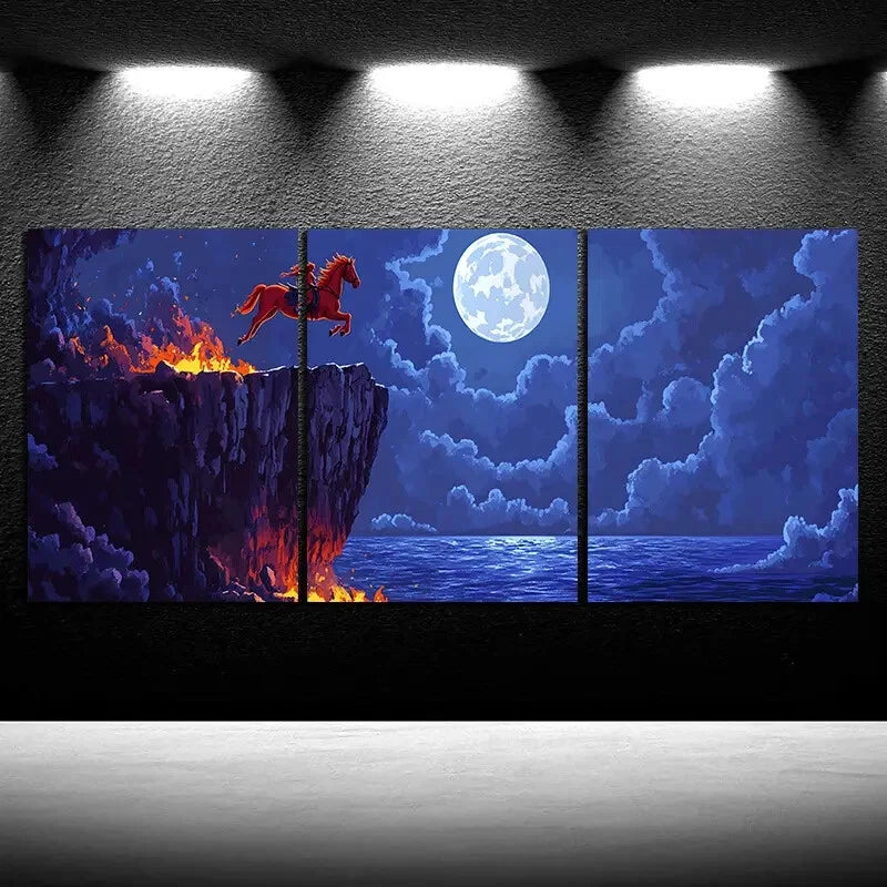 3pcs Red Horse Jumping Under Moonlight Metal Print Ready to Hang Art