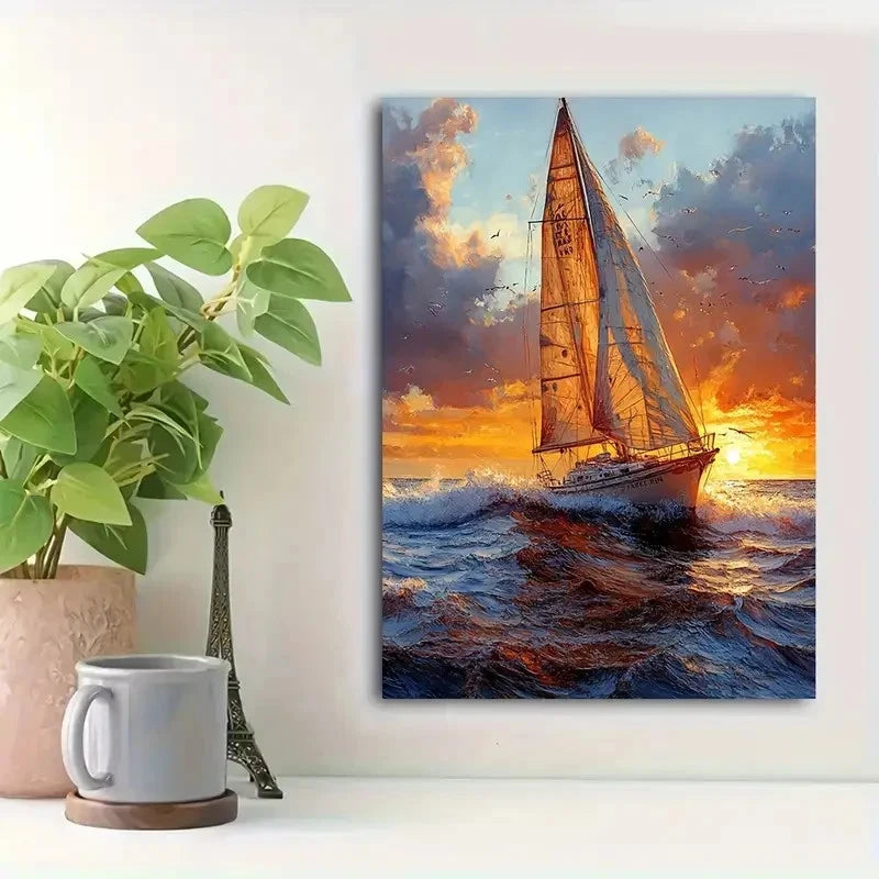 Beautiful Ocean Waves & Sunset Sky Painting 40x60cm Metal Print Ready to Hang