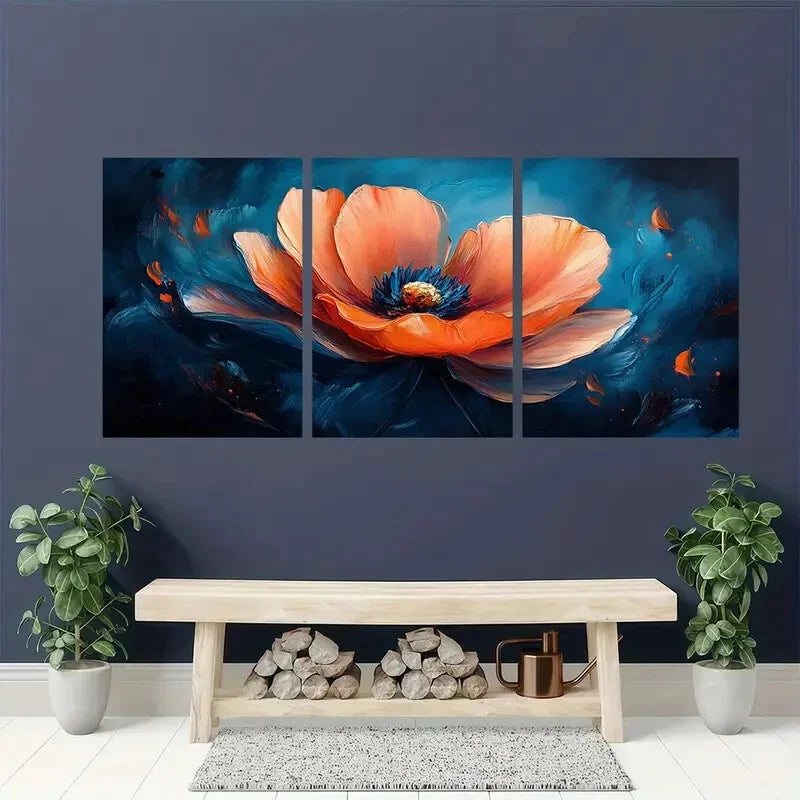 3pcs Orange & Blue Painting Flower Metal Print Ready to Hang Art