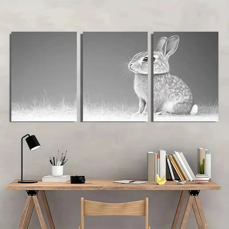 3pcs Vintage Rabbit Semi Gloss White Metal Print Ready to Hang Art
