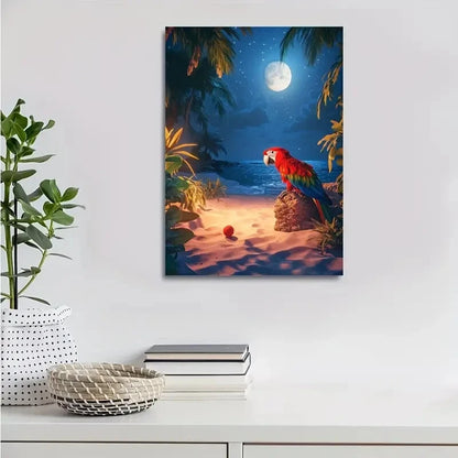 Moonlit Night Palm Trees and Ocean View Painting 40x60cm Metal Print Ready to Hang