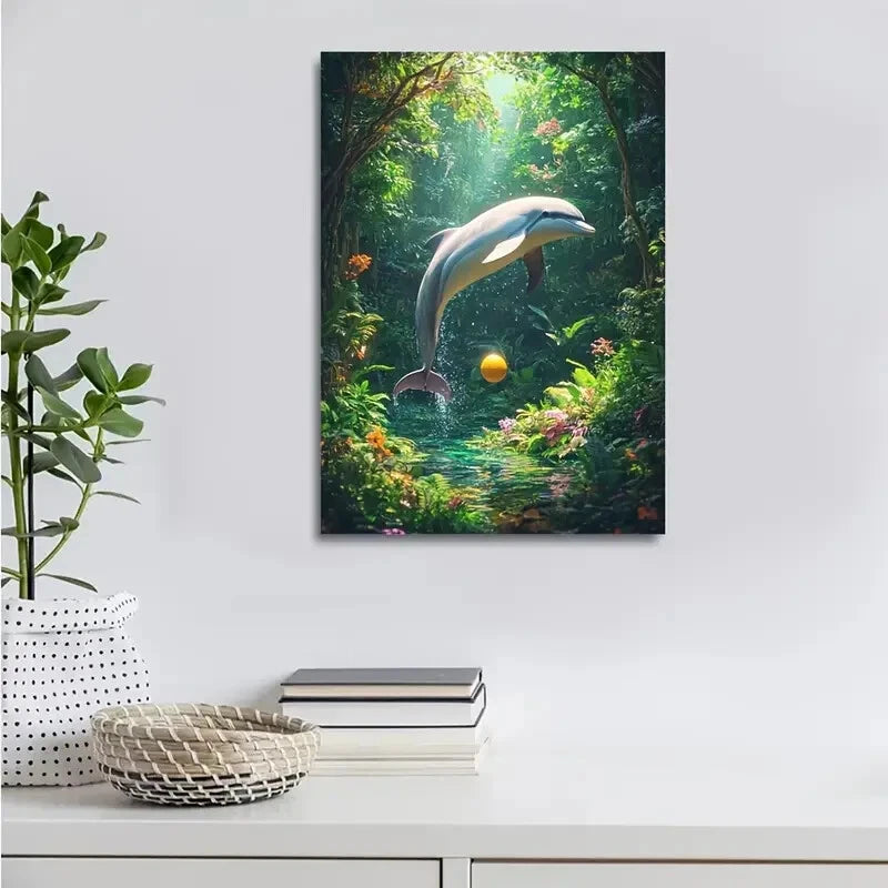 Surreal Dolphin Playing Ball in Lush Green Painting 40x60cm Metal Print Ready to Hang