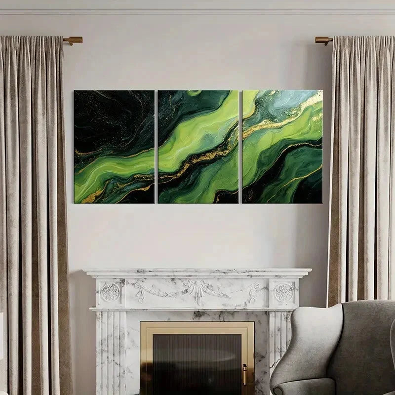 3pcs Abstract Green & Golden Fluid Art Metal Print Ready to Hang Art
