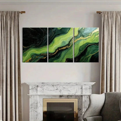 3pcs Abstract Green & Golden Fluid Art Metal Print Ready to Hang Art