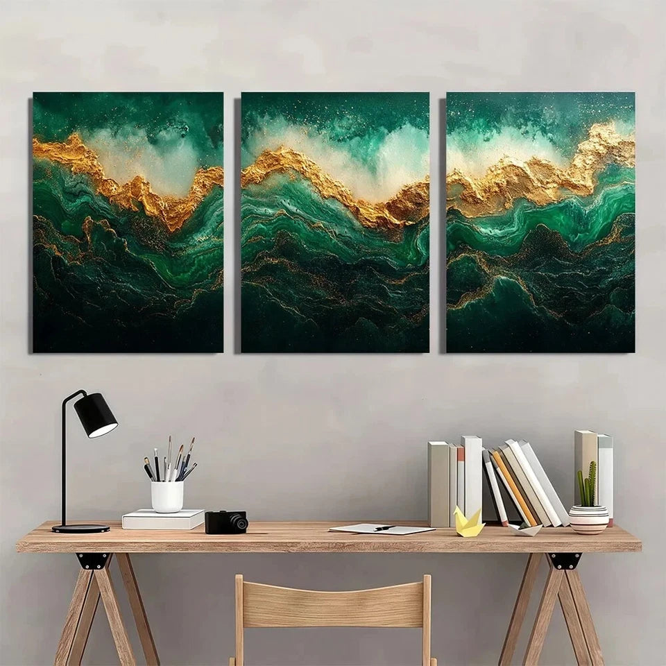 3pcs Elegant Green & Golden Abstract Metal Print Ready to Hang Art