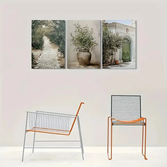 3pcs Vintage Garden Pathway with Olive Tree Metal Print Ready to Hang Art