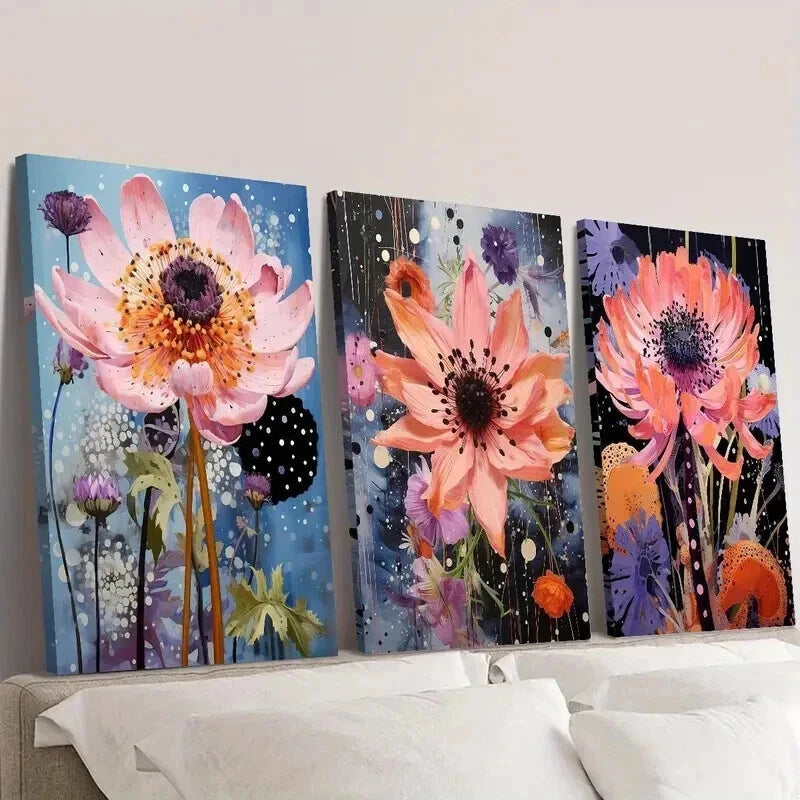 3pcs Retro Pink Cornflower Landscape Wall Art Set Canvas Framed 40x60cm - High Quality Print 100% Australian Made Wall Canvas Ready to Hang