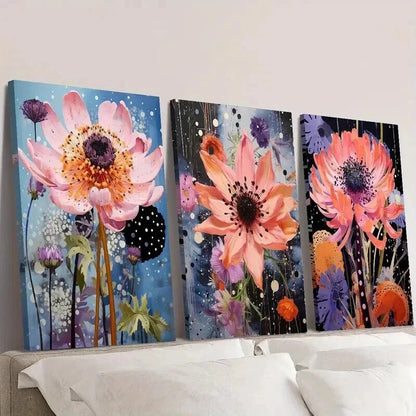 3pcs Retro Pink Cornflower Landscape Wall Art Set Canvas Framed 40x60cm - High Quality Print 100% Australian Made Wall Canvas Ready to Hang