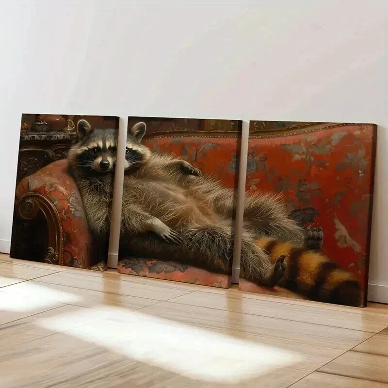 3pcs Raccoon Lying In Ornate Armchair Wall Art Set Canvas Framed 40x60cm - High Quality Print 100% Australian Made Wall Canvas Ready to Hang