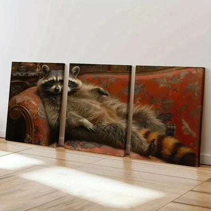 3pcs Raccoon Lying In Ornate Armchair Wall Art Set Canvas Framed 40x60cm - High Quality Print 100% Australian Made Wall Canvas Ready to Hang