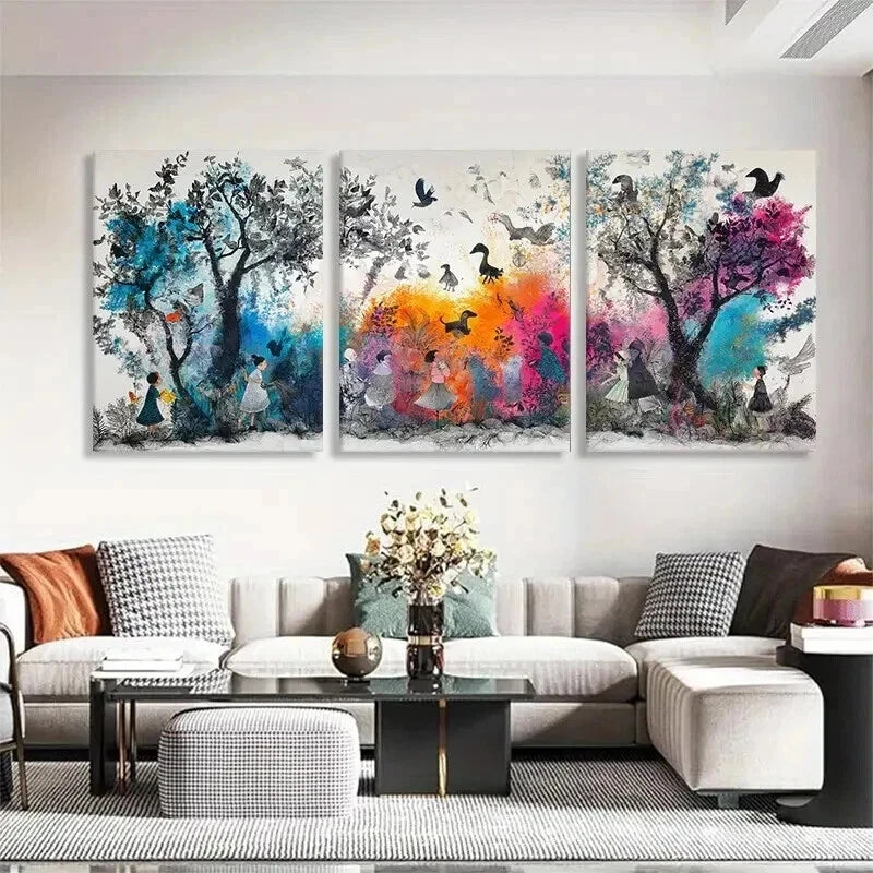 3pcs Whimsical Trees Birds Colorful Nature Wall Art Set Canvas Framed 40x60cm - High Quality Print 100% Australian Made Wall Canvas Ready to Hang