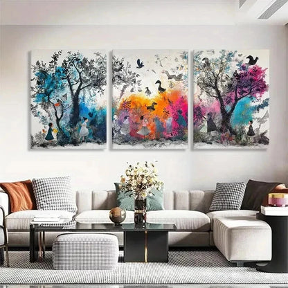 3pcs Whimsical Trees Birds Colorful Nature Wall Art Set Canvas Framed 40x60cm - High Quality Print 100% Australian Made Wall Canvas Ready to Hang