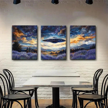 3pcs UFO Spaceship Over Lavender Field Perfect Wall Art Set Canvas Framed 40x60cm - High Quality Print 100% Australian Made Wall Canvas Ready to Hang
