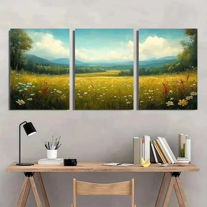 3pcs Spring Meadow Landscape Vintage Perfect Wall Art Set Canvas Framed 40x60cm - High Quality Print 100% Australian Made Wall Canvas Ready to Hang