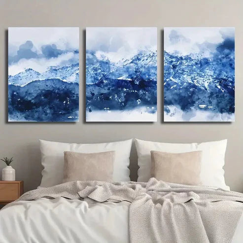 3pcs Abstract Blue White Navy Blue Mountains Wall Art Set Canvas Unframed - High Quality Print 100% Australian Made Wall Canvas