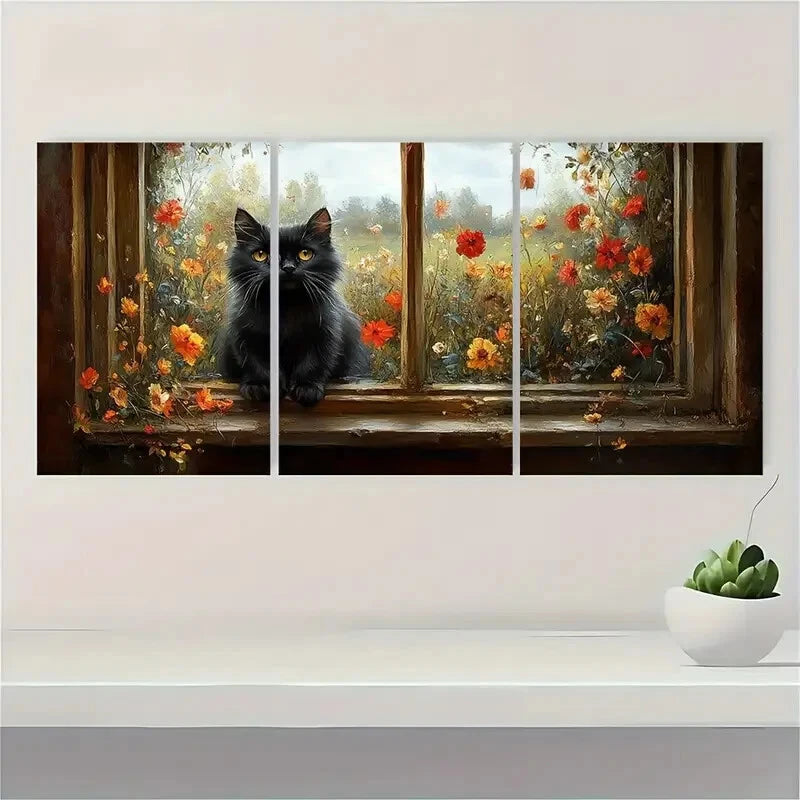 3pcs Black Cat On Window Sill Garden Metal Print Ready to Hang Art