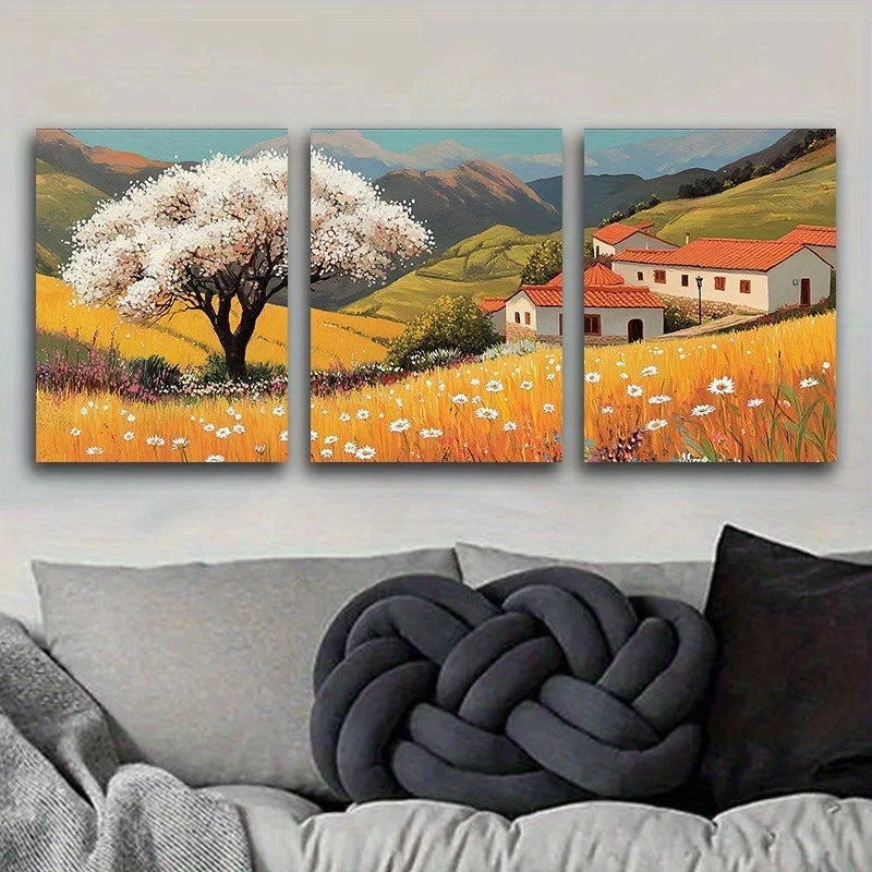 3pcs Picturesque Rural Landscape Metal Print Ready to Hang Art