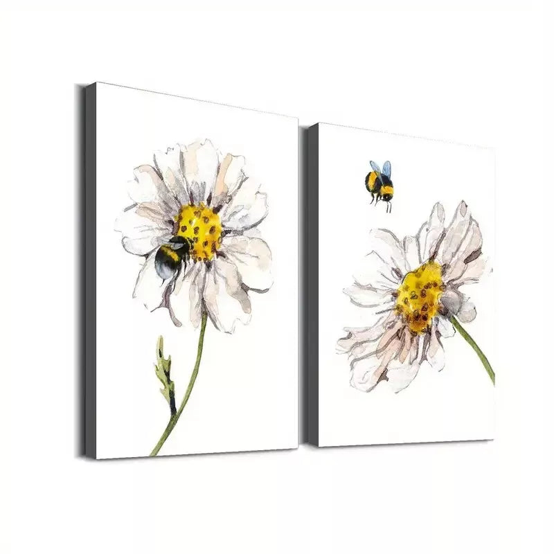 2 Piece Bee and Flower Classic Design Framed 50x75cm - High Quality Print 100% Australian Made Wall Canvas Ready to Hang - Bella Home Decor