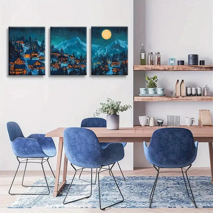 3pcs Moonlit Mountain Village Under Full Moon Metal Print Ready to Hang Art