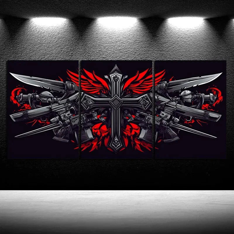 3pcs Ancient Swords and Skeletons Red Metal Print Ready to Hang Art