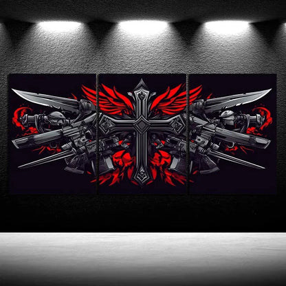 3pcs Ancient Swords and Skeletons Red Metal Print Ready to Hang Art