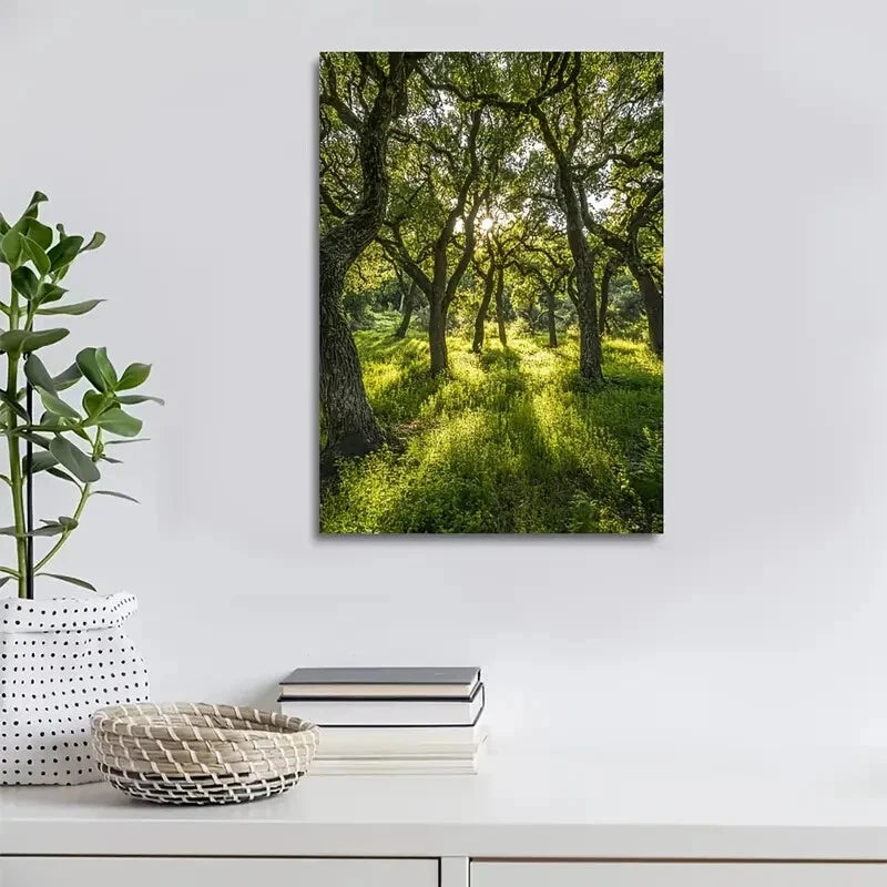 Lush Oak Forest Scene with Sunlit Trees Painting 40x60cm Metal Print Ready to Hang