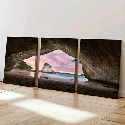 3pcs Seaside Cave Sea Sunset Modern Wall Art Set Canvas Framed 40x60cm - High Quality Print 100% Australian Made Wall Canvas Ready to Hang
