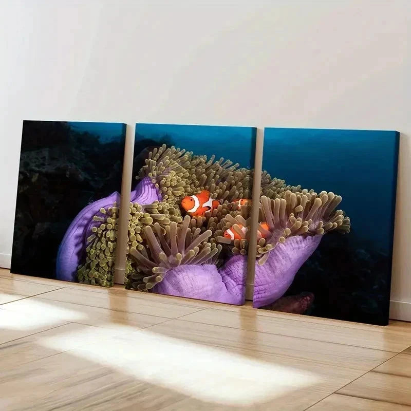 3pcs Vibrant Marine Life Wall Art with Clownfish Wall Art Set Canvas Framed 40x60cm - High Quality Print 100% Australian Made Wall Canvas Ready to Hang
