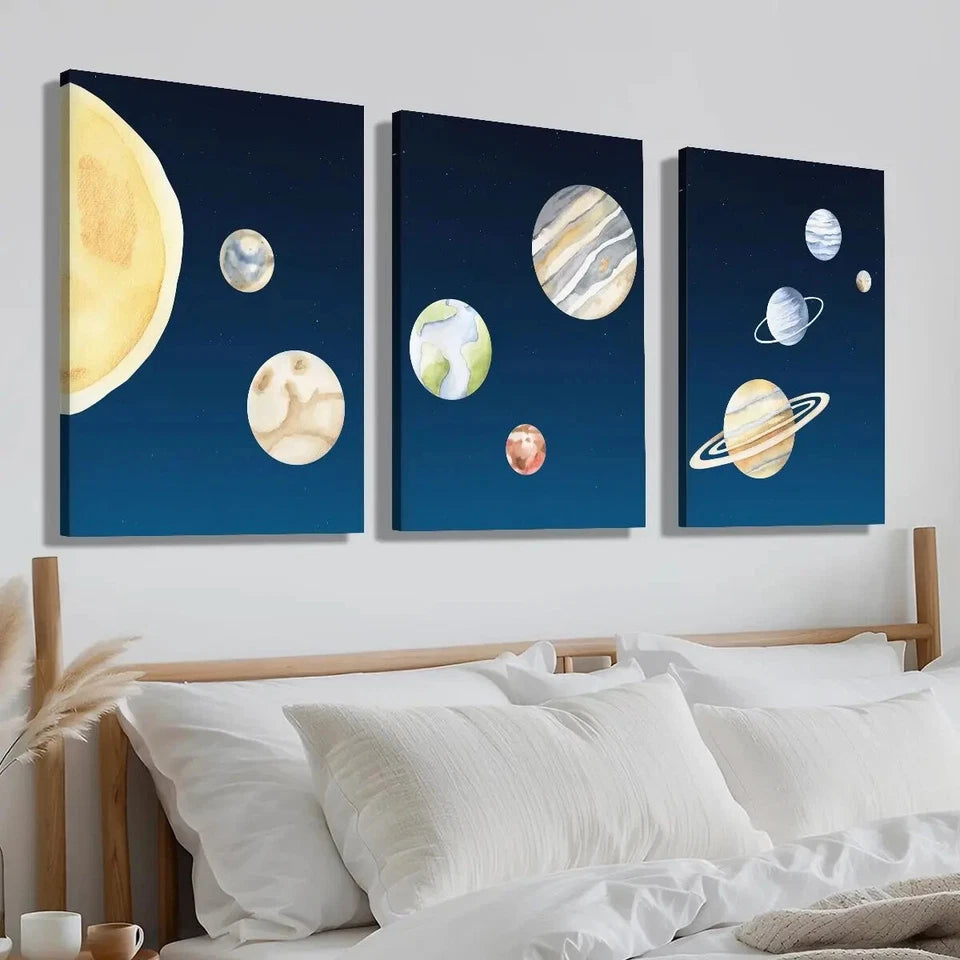 3pcs Navy Blue Starry Sky Planet Perfect Wall Art Set Canvas Framed 40x60cm - High Quality Print 100% Australian Made Wall Canvas Ready to Hang