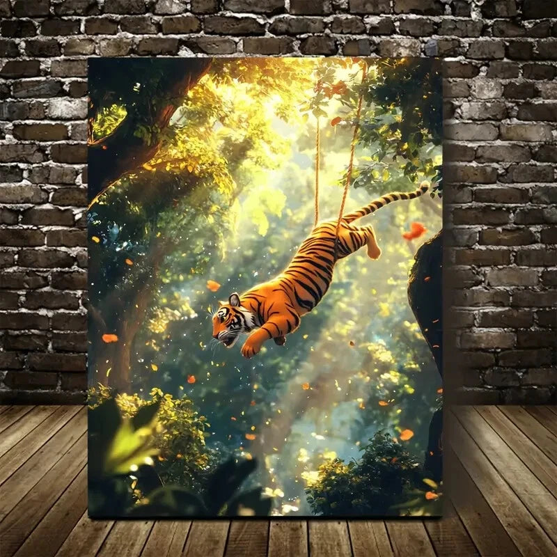 Cartoon Tiger Swinging in Magical Forest Painting 40x60cm Metal Print Ready to Hang