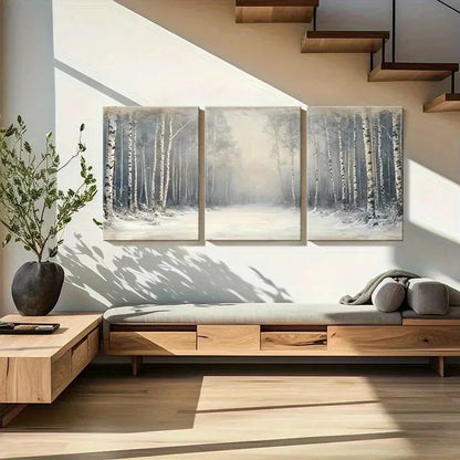 Modern living room with wooden furniture, a plant, and wall art depicting a forest.