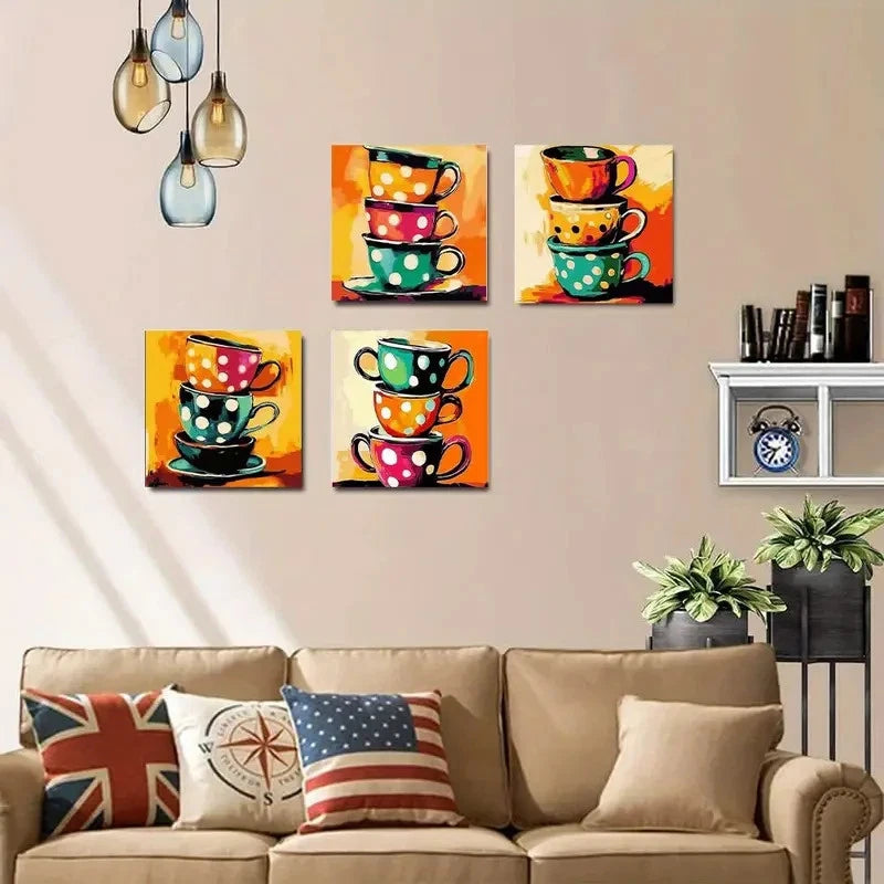 4pcs Colorful Cup Prints With Vibrant Polka Dots Wall Art Canvas Framed