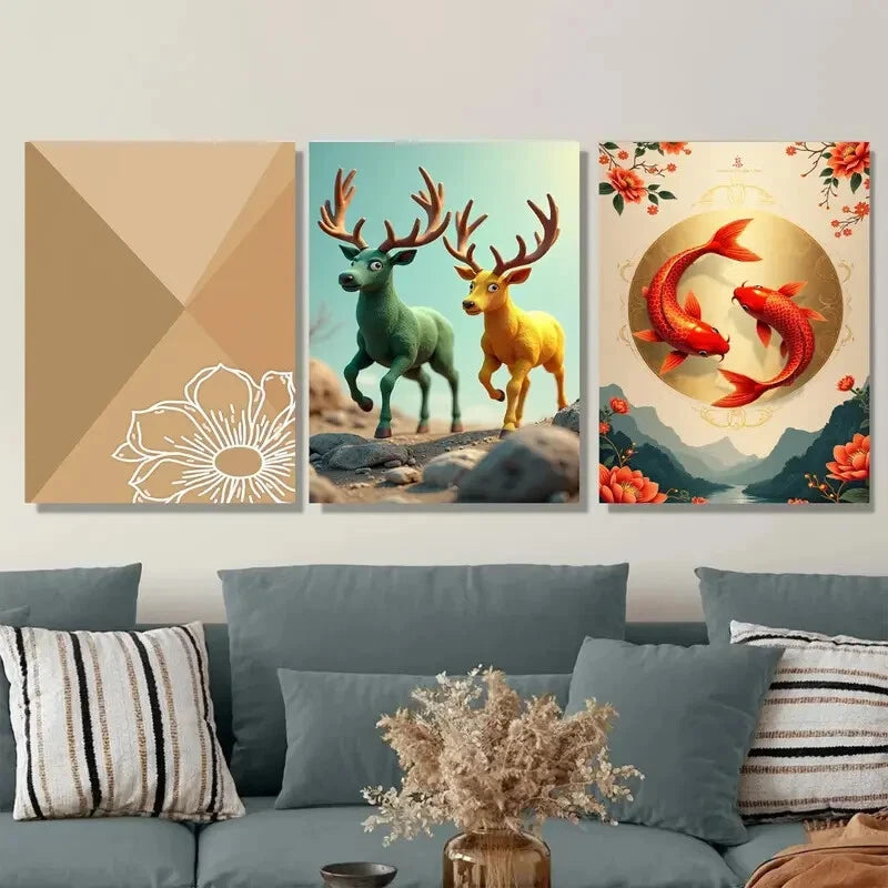 3pcs Chic Traditional Deer & Koi Fish Nature Metal Print Ready to Hang Art