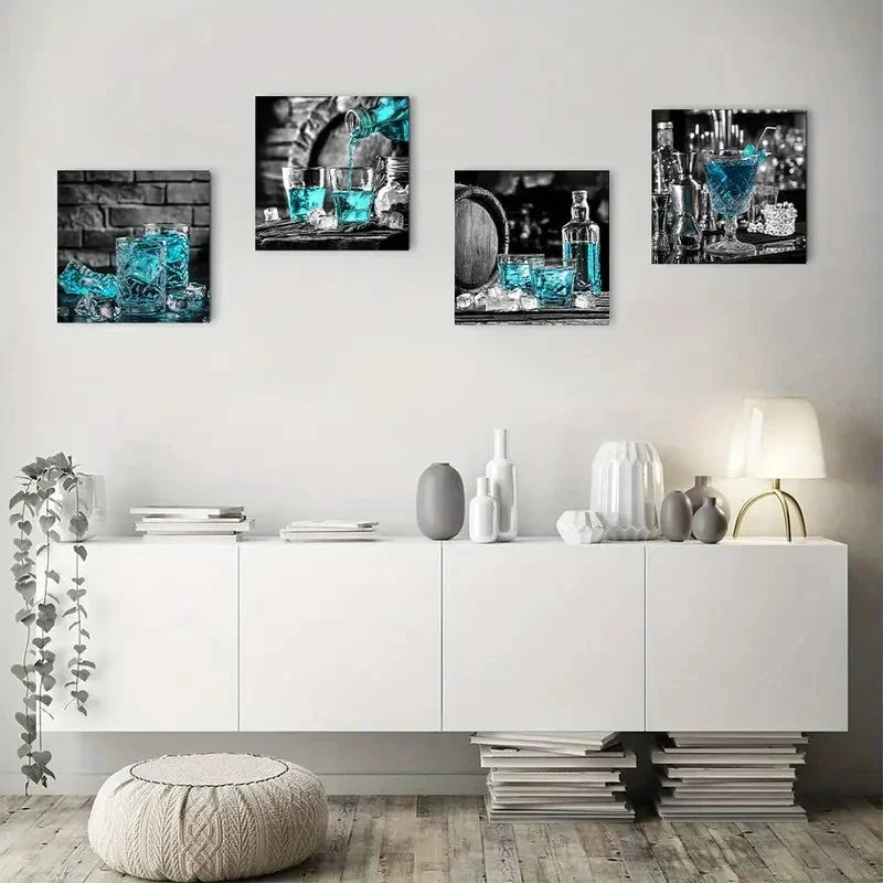 4pcs Abstract Blue Wine Glass Wall Art Canvas Framed